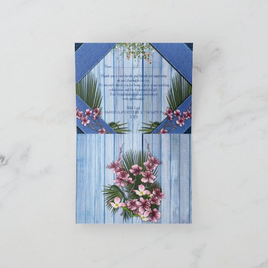 Roze grafische bloemen op blauw-hout-textiel textu bedankkaart (Binnen)