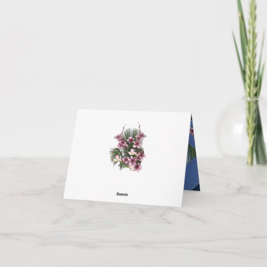 Roze grafische bloemen op blauw-hout-textiel textu bedankkaart (Achterkant)