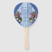 Roze grafische bloemen op blauw-hout-textiel textu handwaaier (Achterkant)