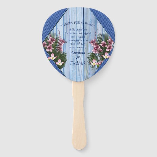 Roze grafische bloemen op blauw-hout-textiel textu handwaaier (Achterkant)