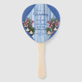 Roze grafische bloemen op blauw-hout-textiel textu handwaaier (Voorkant)