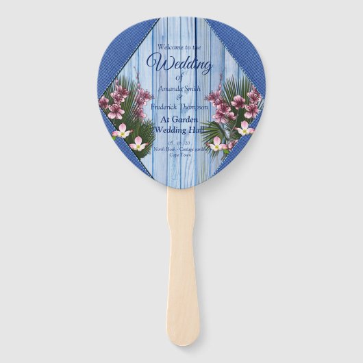 Roze grafische bloemen op blauw-hout-textiel textu handwaaier (Voorkant)