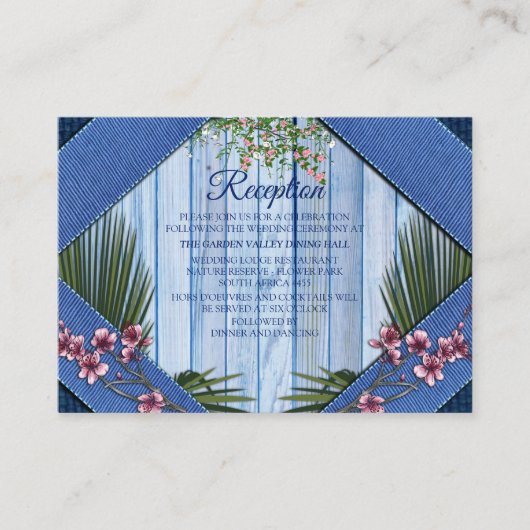 Roze grafische bloemen op blauw-hout-textiel textu informatiekaartje (Voorkant)