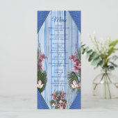 Roze grafische bloemen op blauw-hout-textiel textu menu (Staand voorkant)