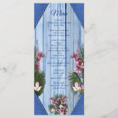 Roze grafische bloemen op blauw-hout-textiel textu menu (Voorkant)