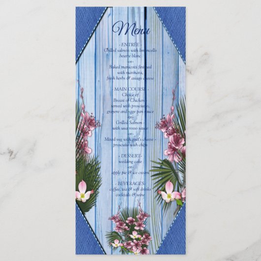 Roze grafische bloemen op blauw-hout-textiel textu menu (Voorkant)