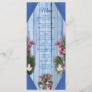 Roze grafische bloemen op blauw-hout-textiel textu menu