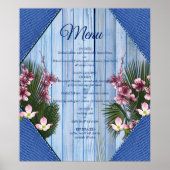 Roze grafische bloemen op blauw-hout-textiel textu poster (Voorkant)