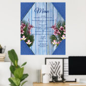 Roze grafische bloemen op blauw-hout-textiel textu poster (Thuiskantoor)