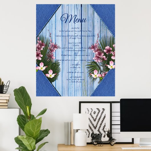 Roze grafische bloemen op blauw-hout-textiel textu poster (Thuiskantoor)