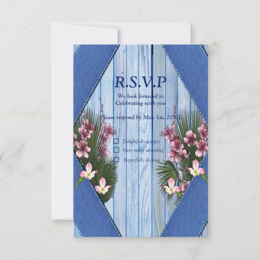 Roze grafische bloemen op blauw-hout-textiel textu RSVP kaartje (Voorkant)
