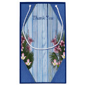 Roze grafische bloemen op Blauw-houttextuur Gift B Klein Cadeauzakje (Achterkant)