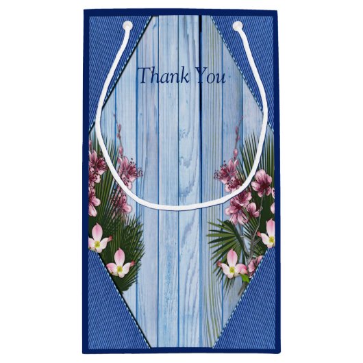 Roze grafische bloemen op Blauw-houttextuur Gift B Klein Cadeauzakje (Achterkant)