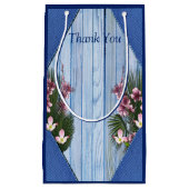 Roze grafische bloemen op Blauw-houttextuur Gift B Klein Cadeauzakje (Voorkant)