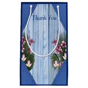 Roze grafische bloemen op Blauw-houttextuur Gift B Klein Cadeauzakje