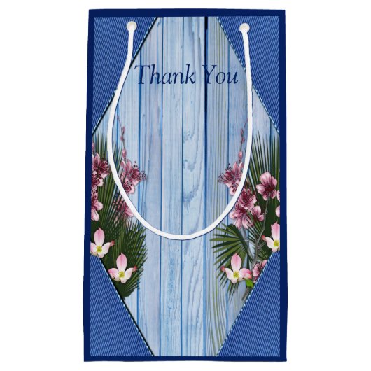 Roze grafische bloemen op Blauw-houttextuur Gift B Klein Cadeauzakje (Voorkant)