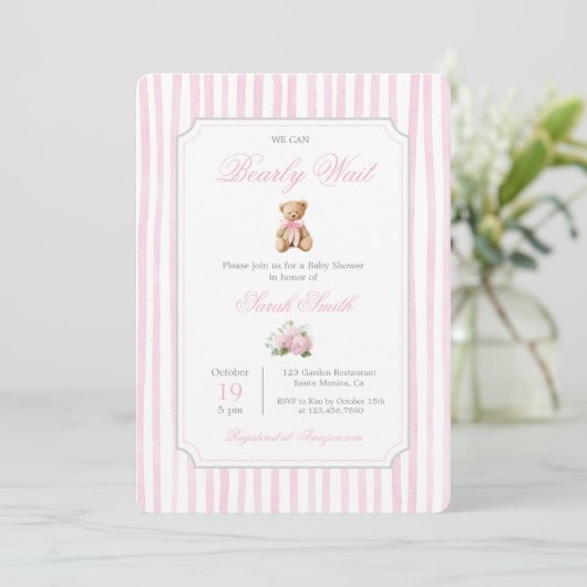 Roze Grandmillennial Teddy Bear Baby shower Girl Kaart (Staand voorkant)