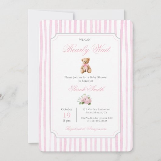 Roze Grandmillennial Teddy Bear Baby shower Girl Kaart (Voorkant)