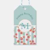 Roze grapefruitpatroon op groene strepen van afgel cadeaulabel (Voorkant)