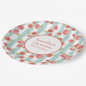 Roze grapefruitpatroon op groene strepen van afgel papieren bordje (Gekanteld)