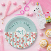 Roze grapefruitpatroon op groene strepen van afgel papieren bordje (Feest)