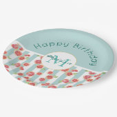 Roze grapefruitpatroon op groene strepen van afgel papieren bordje (Gekanteld)