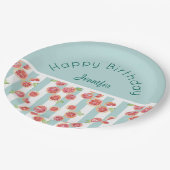 Roze grapefruitpatroon op groene strepen van afgel papieren bordje (Gekanteld)