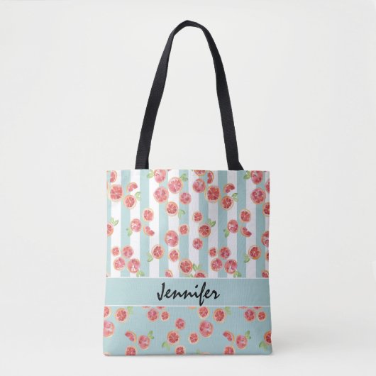 Roze grapefruitpatroon op strepen tote bag (Voorkant)
