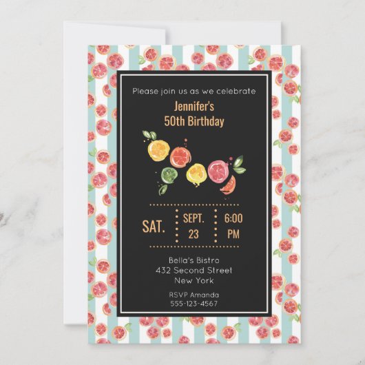 Roze Grapefruits op Green Stripes Party Uitnodigen Kaart (Voorkant)