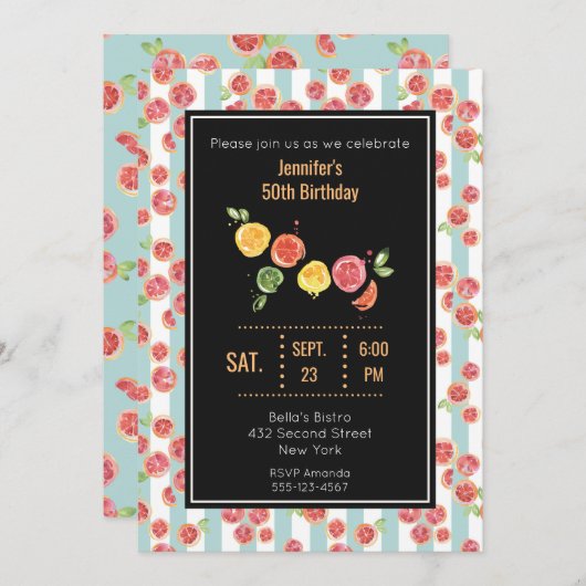 Roze Grapefruits op Green Stripes Party Uitnodigen Kaart (Voorkant / Achterkant)