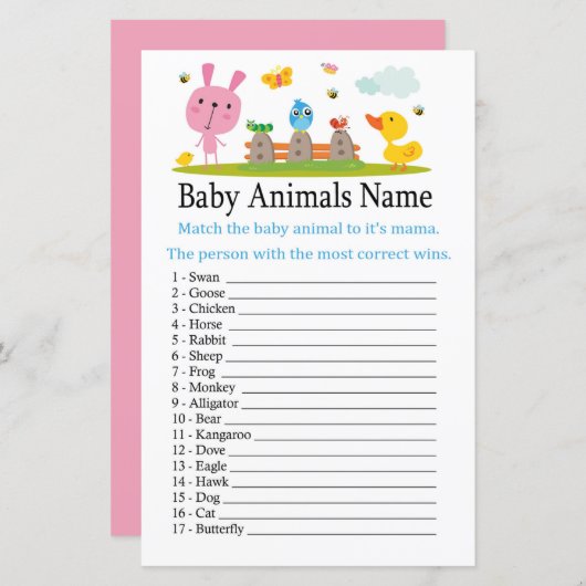 Roze grappig konijn Baby Animals Naam Game (Voorkant / Achterkant)