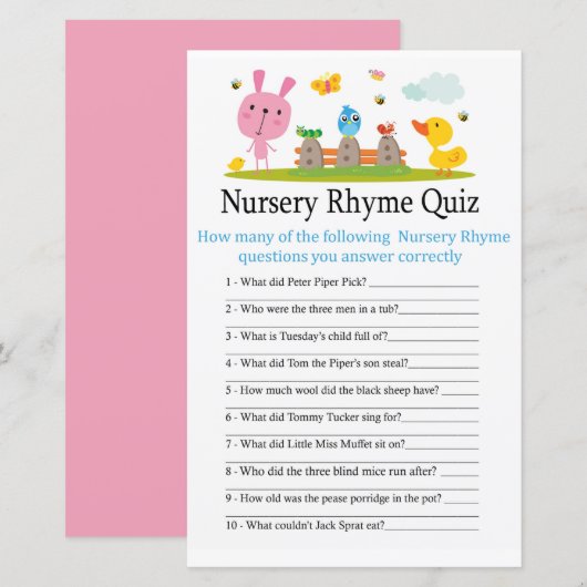 Roze, grappig konijn Nursery Rhyme Quiz baby showe (Voorkant / Achterkant)