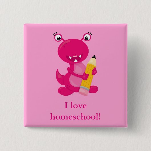 Roze, grappig monster van homeschool vierkante button 5,1 cm (Voorkant)