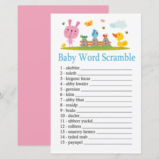 Roze, grappige Baby word scramble game (Voorkant / Achterkant)