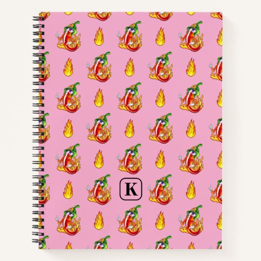 Roze grappige brandweerman Chili en vlampatroon Notitieboek (Voorkant)
