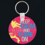 Roze grappigheid kalm houden en op Sleutelhanger k<br><div class="desc">Een coole halftoonrotsklier die sleutelhanger klimt. Kalm en klimt verder. Een perfecte gave voor je avonturiaanse vrienden die van buitenactiviteiten houden zoals bergbeklimmen of zo. Sleutelhanger voor buitensport en spelletjes.</div>
