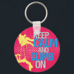 Roze grappigheid kalm houden en op Sleutelhanger k<br><div class="desc">Een coole halftoonrotsklier die sleutelhanger klimt. Kalm en klimt verder. Een perfecte gave voor je avonturiaanse vrienden die van buitenactiviteiten houden zoals bergbeklimmen of zo. Sleutelhanger voor buitensport en spelletjes.</div>