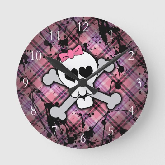 Roze graszog Skull w/ Crossbones Harten Ronde Klok (Voorkant)