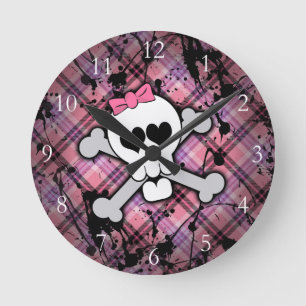 Roze graszog Skull w/ Crossbones Harten Ronde Klok