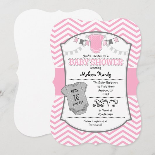 Roze Gray Chevron Baby shower Uitnodiging (Voorkant / Achterkant)