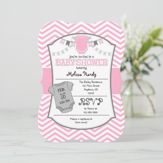 Roze Gray Chevron Baby shower Uitnodiging (Staand voorkant)