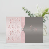 Roze, Gray Floral Monogram Weddenschap Kaart (Staand voorkant)