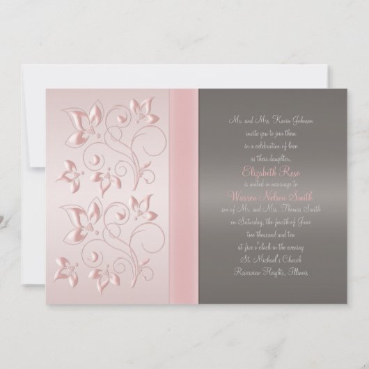 Roze, Gray Floral Monogram Weddenschap Kaart (Achterkant)