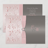 Roze, Gray Floral Monogram Weddenschap Kaart (Voorkant / Achterkant)