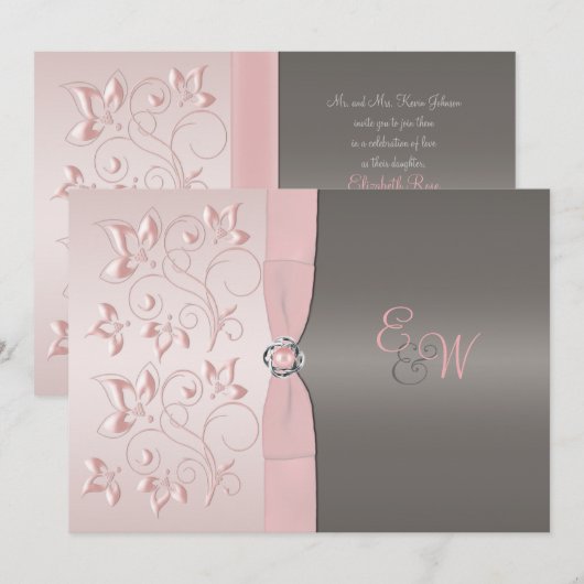 Roze, Gray Floral Monogram Weddenschap Kaart (Voorkant / Achterkant)