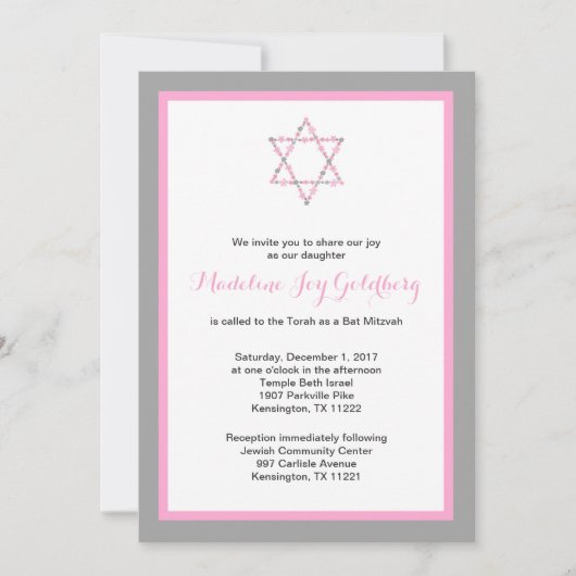 Roze gray Floral Star van David Bat Mitzvah Kaart (Voorkant)