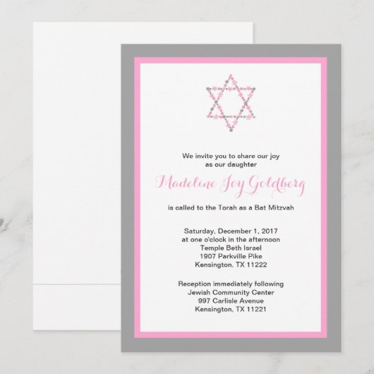 Roze gray Floral Star van David Bat Mitzvah Kaart (Voorkant / Achterkant)