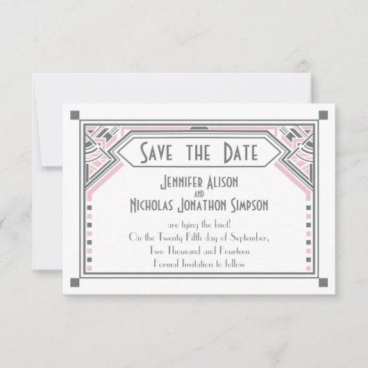 Roze - Gray Gatsby Art Deco Wedding Save the Date (Voorkant)