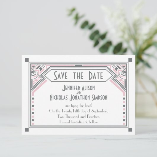 Roze - Gray Gatsby Art Deco Wedding Save the Date (Staand voorkant)