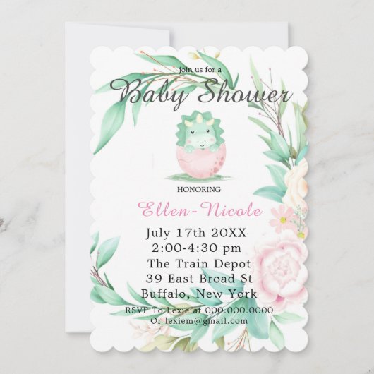 Roze Green Cute Dinosaur Peony Baby shower Invites Kaart (Voorkant)